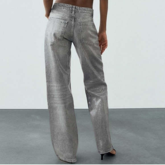 ZARA WIDE LEG SEQUIN FOIL JEANS - Picture 7 of 11
